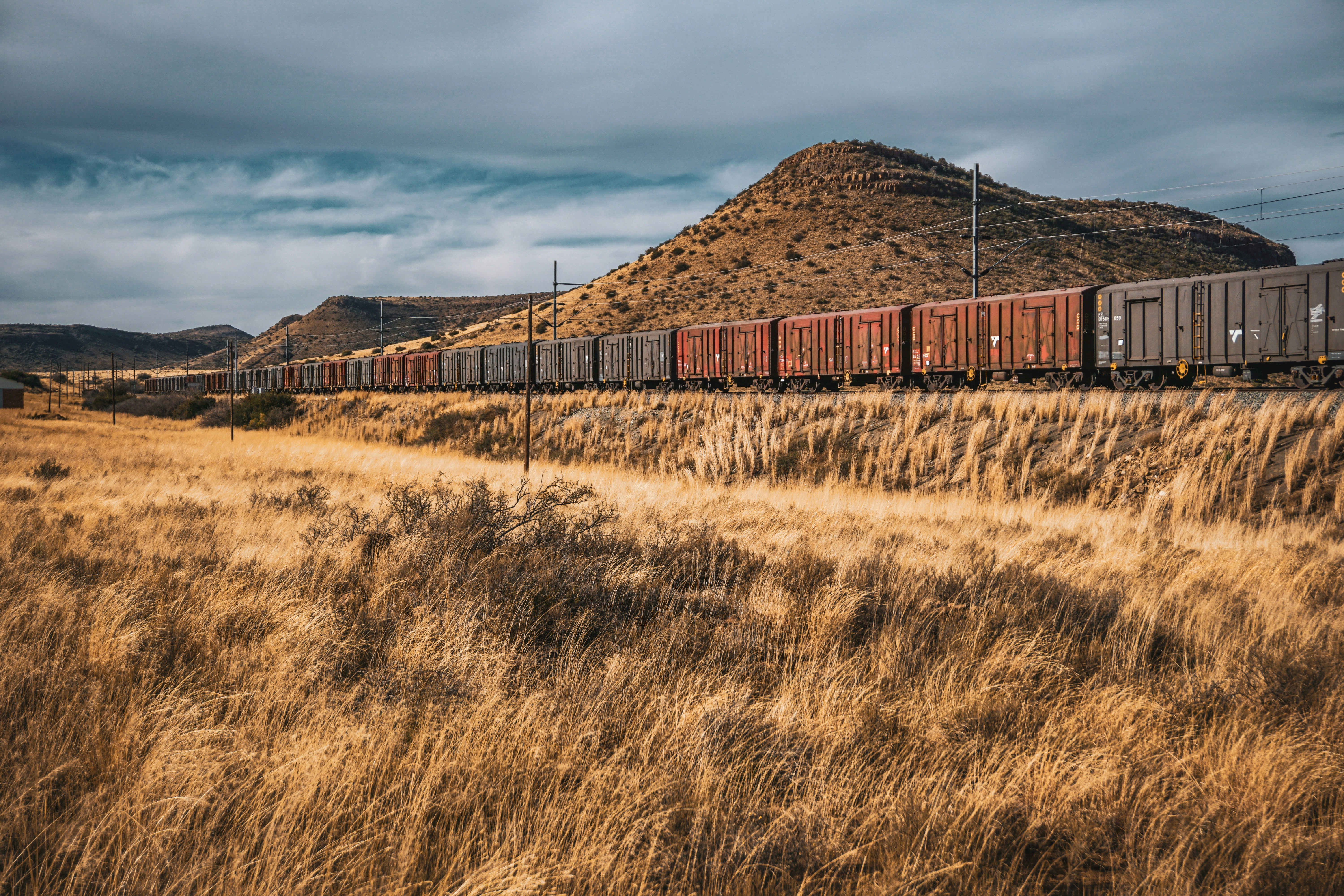 train beside grass field during daytime